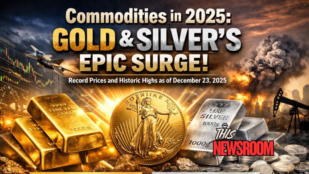 Gold and silver bars with market charts illustrating the surge in commodity prices during 2025, highlighting record gold and silver valuations as of December 23, 2025