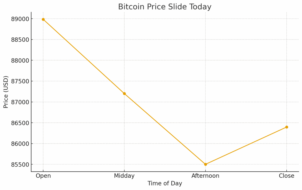 Line chart showing Bitcoin’s price decline throughout the day, starting near $89,000 at market open, dropping to around $87,200 by midday, falling further to approximately $85,500 in the afternoon, and closing near $86,400 to illustrate the cryptocurrency’s overall downward trend.