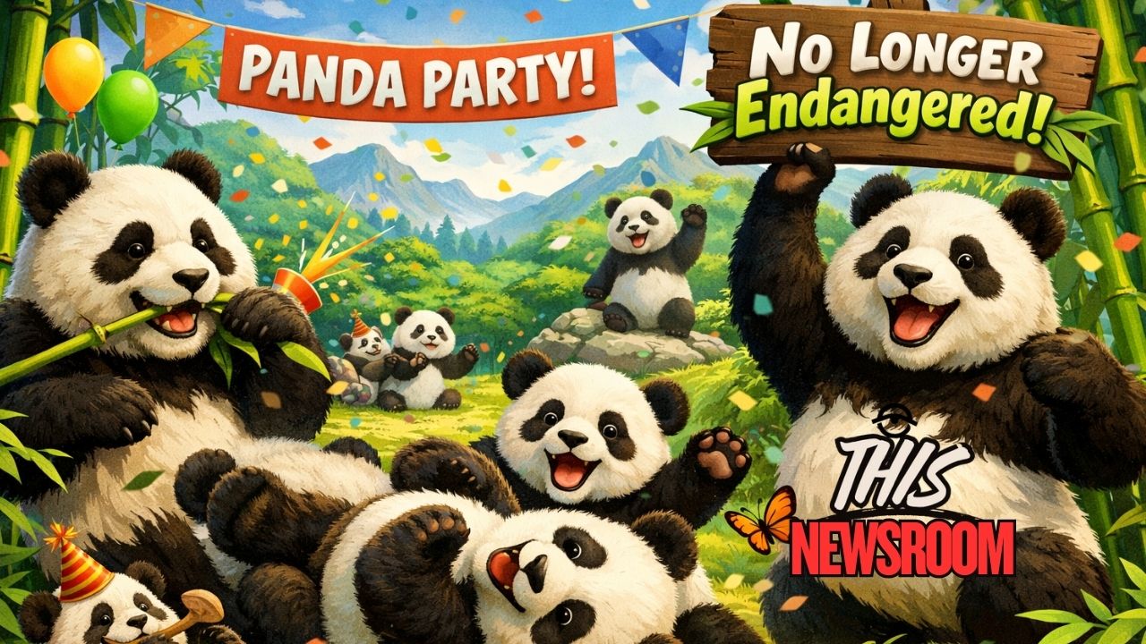 Animated illustration of giant pandas celebrating conservation success in bamboo forest