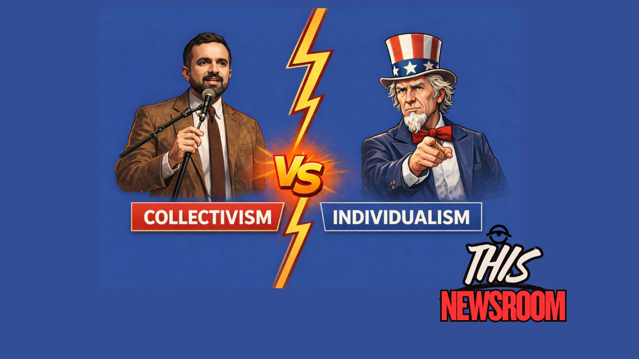 Illustration showing Zohran Mamdani representing collectivism contrasted with American individualism, highlighting conservative concerns about centralized government power