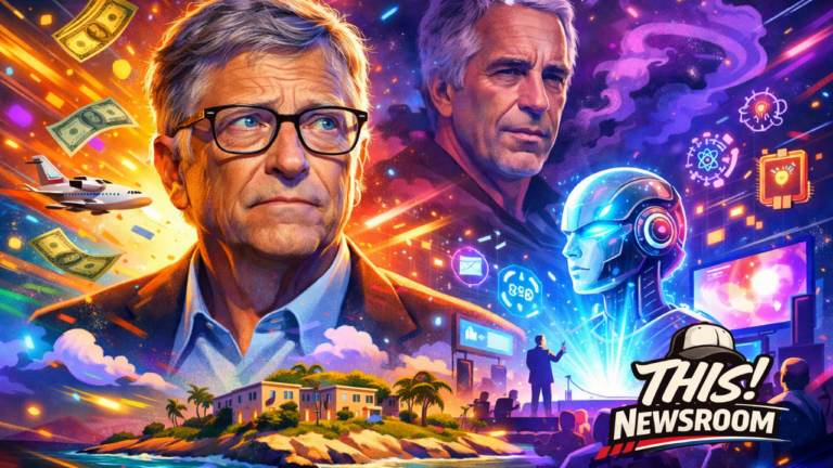 Bill Gates AI summit cancellation illustration with AI conference visuals and controversy theme