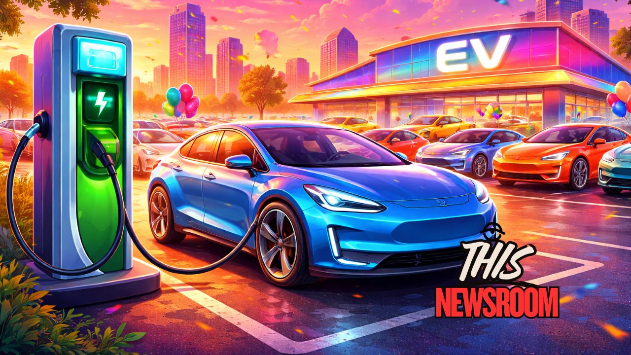 Colorful illustration of electric vehicles charging at sunset outside a dealership, symbolizing the 2025 EV market slowdown after tax credit repeal.