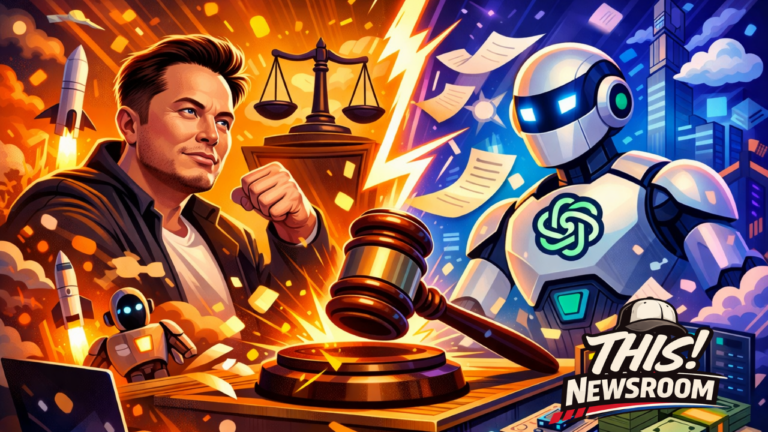 Illustration of Elon Musk and AI robot in courtroom showdown representing Musk lawsuit against OpenAI