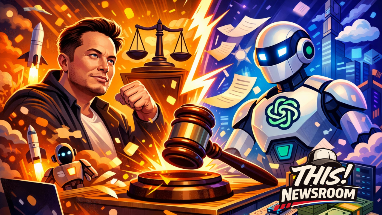 Illustration of Elon Musk and AI robot in courtroom showdown representing Musk lawsuit against OpenAI