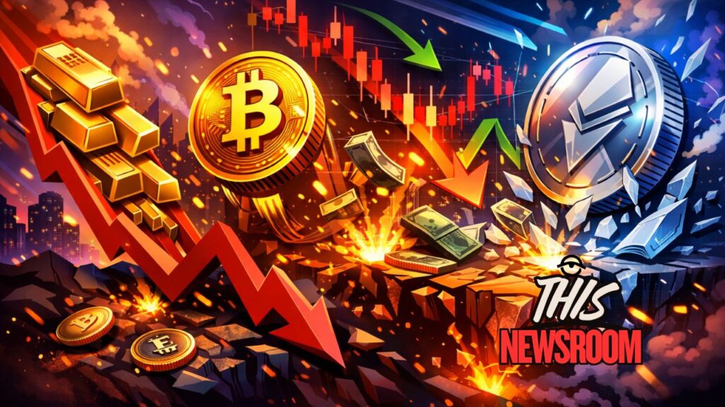 Illustration showing gold, silver, stocks, and Bitcoin falling sharply during a global market selloff