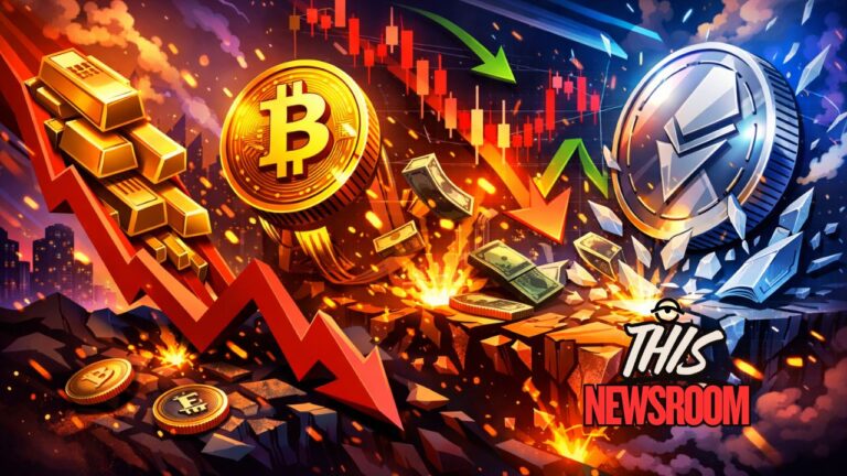 Illustration showing gold, silver, stocks, and Bitcoin falling sharply during a global market selloff