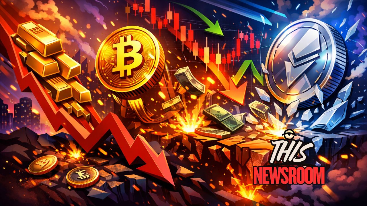 Illustration showing gold, silver, stocks, and Bitcoin falling sharply during a global market selloff