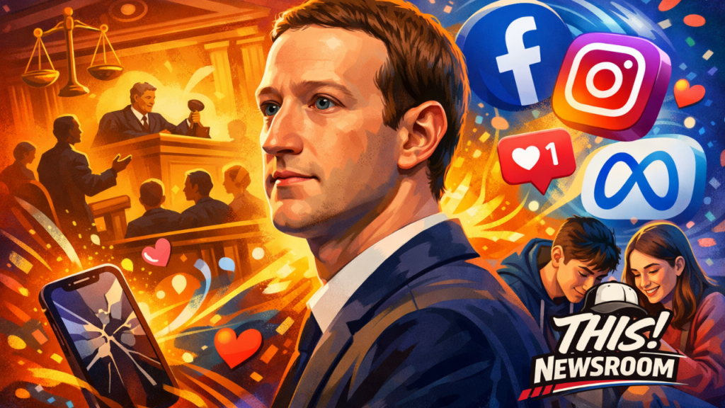 Digital illustration of Mark Zuckerberg in a courtroom setting with social media icons and teens using smartphones, representing Meta’s lawsuit over youth addiction.