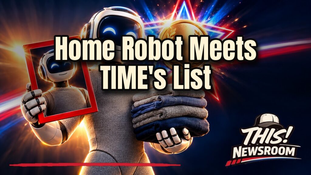 1X NEO humanoid home robot standing in a living room for the TIME best inventions 2026 list