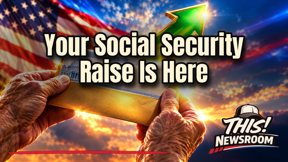 Senior couple reviewing the 2027 Social Security COLA beside a glowing rising arrow and calendar