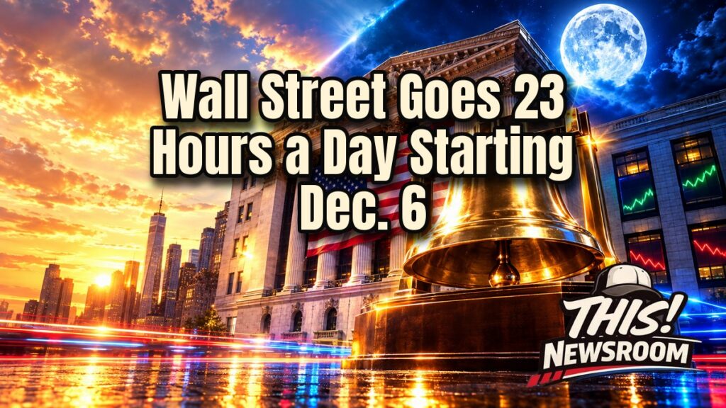 Stylized Wall Street at night with glowing stock tickers and a bright full moon over the New York Stock Exchange for 23-hour stock trading