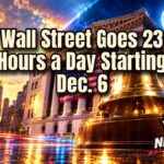 Stylized Wall Street at night with glowing stock tickers and a bright full moon over the New York Stock Exchange for 23-hour stock trading
