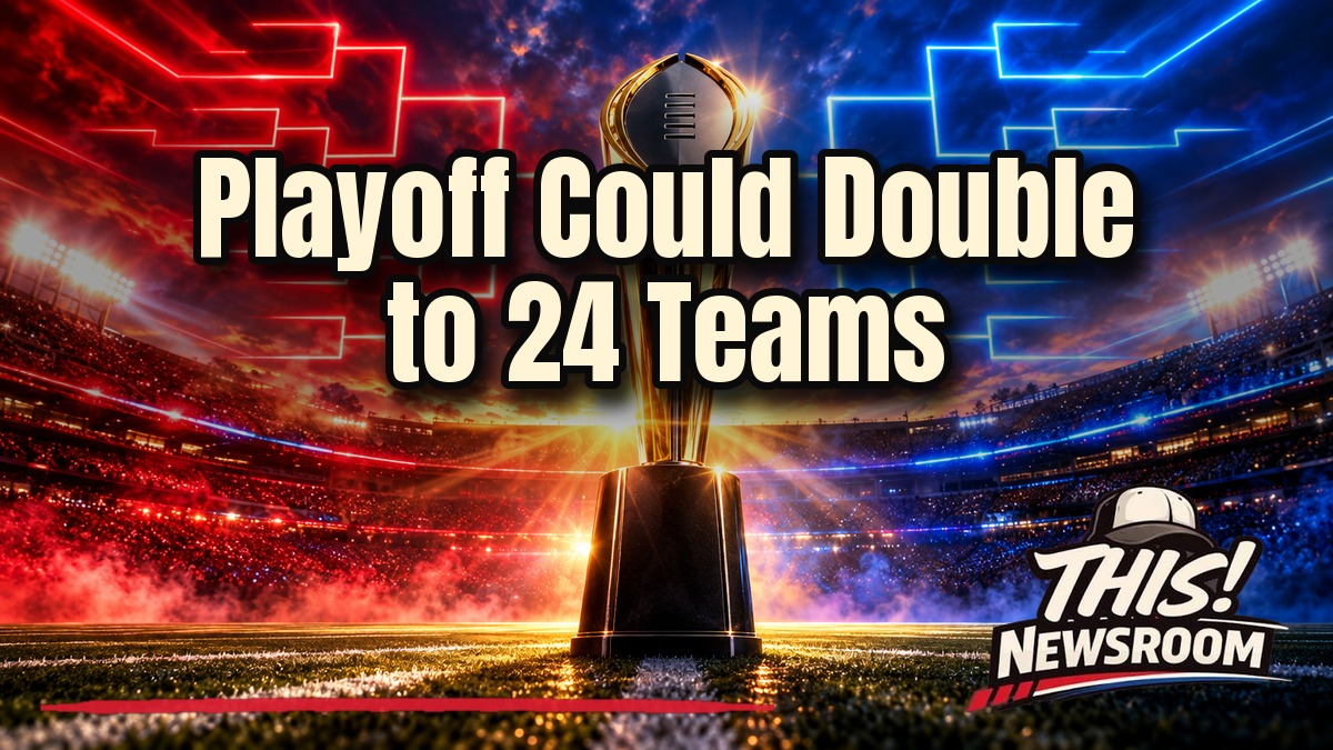 Stadium lit up at night with a glowing playoff bracket, illustrating the 24-team College Football Playoff
