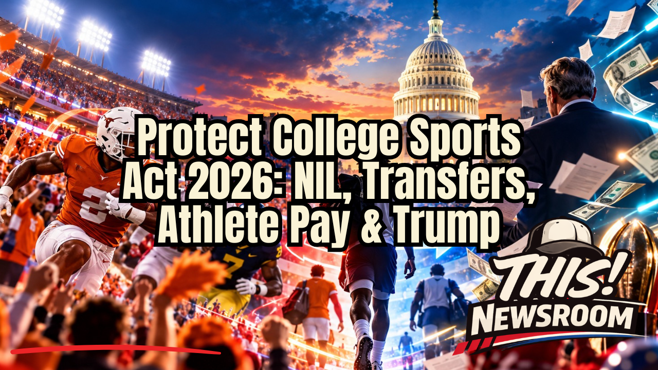 President Donald Trump at a college football game representing the debate over the Protect College Sports Act, NIL rules, transfer portal changes and athlete compensation.