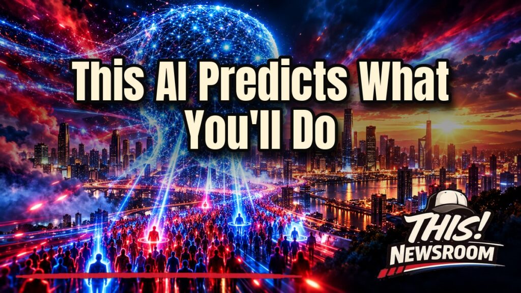 Glowing digital crowd silhouettes in red and blue light representing AI human behavior simulation