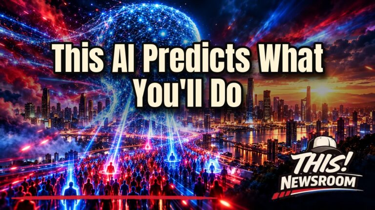 Glowing digital crowd silhouettes in red and blue light representing AI human behavior simulation