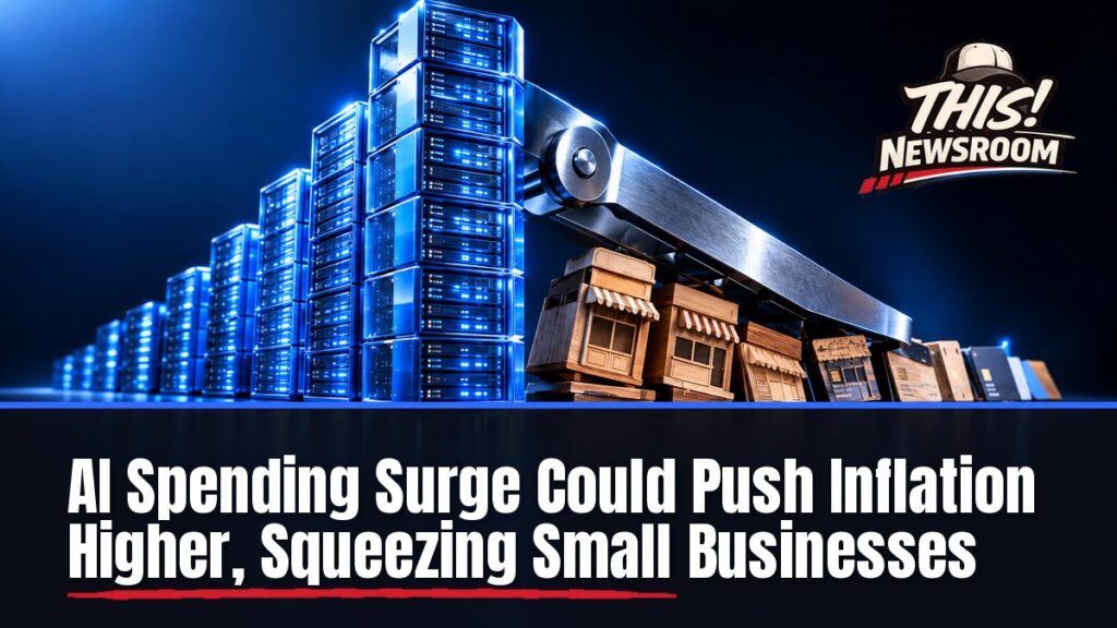 Glowing blue data cubes stacked like a bar chart over a dark background, showing the AI boom inflation pressure on the economy