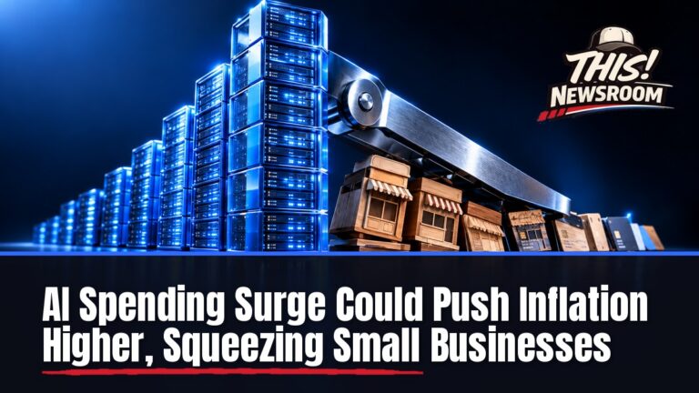 Glowing blue data cubes stacked like a bar chart over a dark background, showing the AI boom inflation pressure on the economy