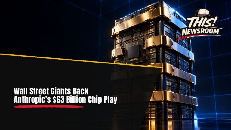 Glowing blue data blocks stacked into a tower, illustrating the $63 billion AI financing deal for Anthropic's Broadcom chips