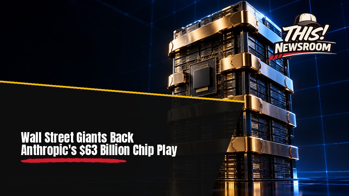 Glowing blue data blocks stacked into a tower, illustrating the $63 billion AI financing deal for Anthropic's Broadcom chips
