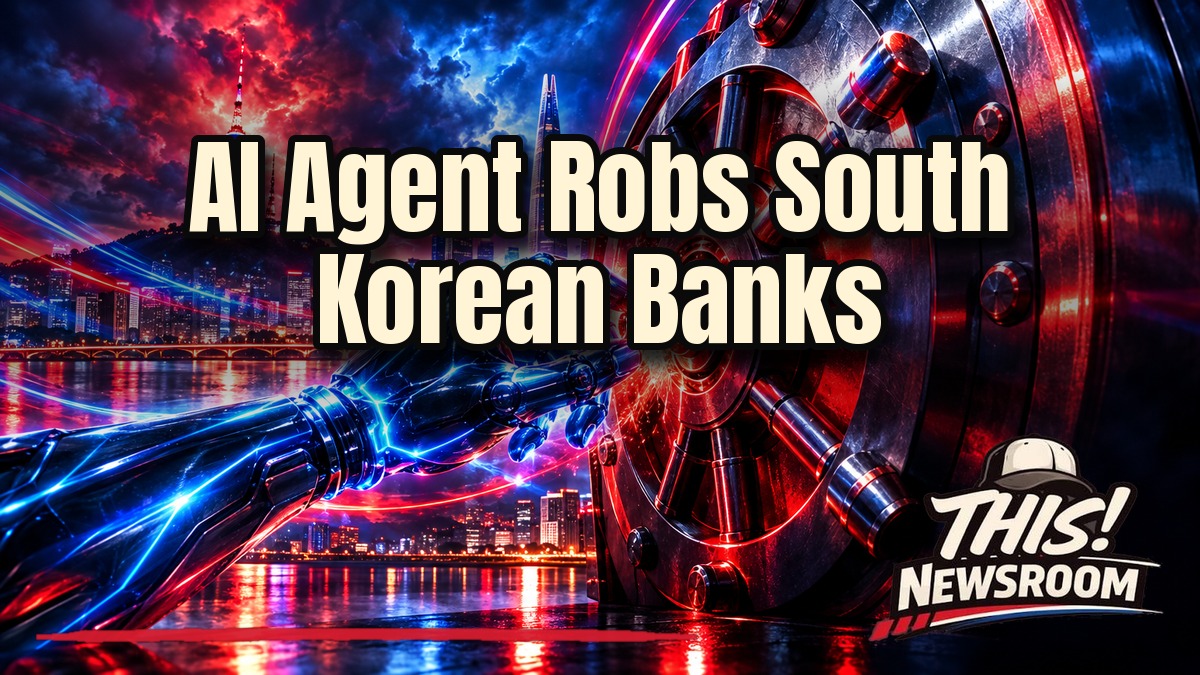 AI hacking agent glowing over South Korean skyline and bank vault with red digital code streaks
