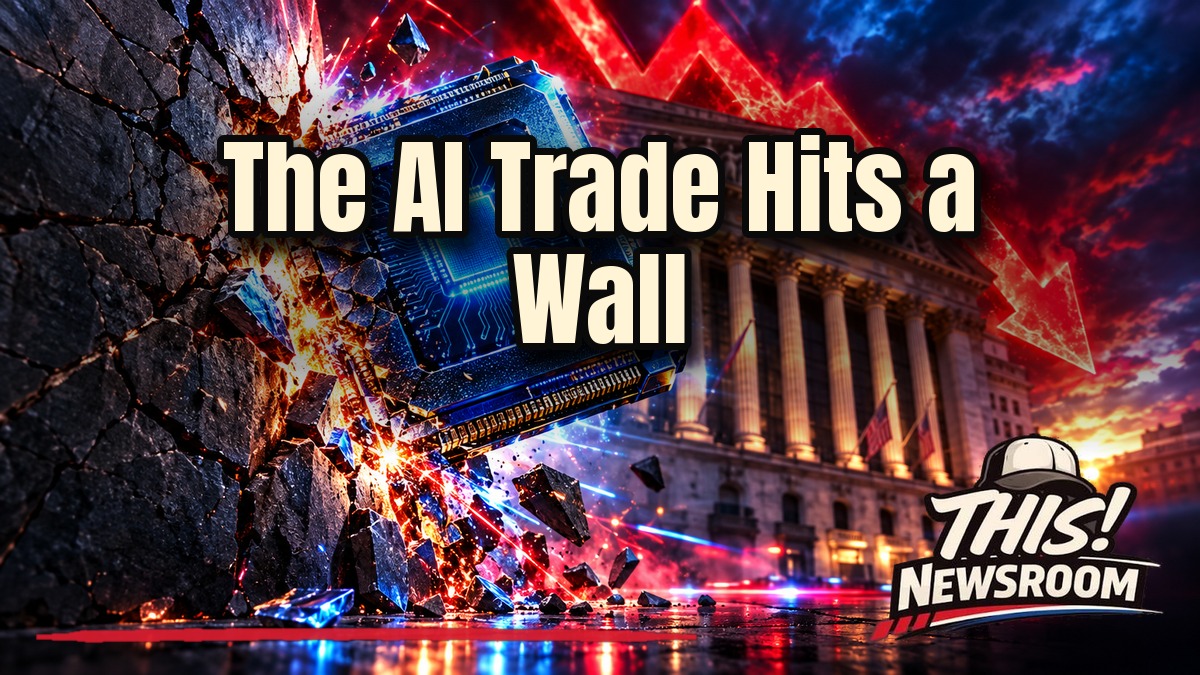 AI stock selloff concept: glowing red chip and falling arrows over a stormy Wall Street skyline