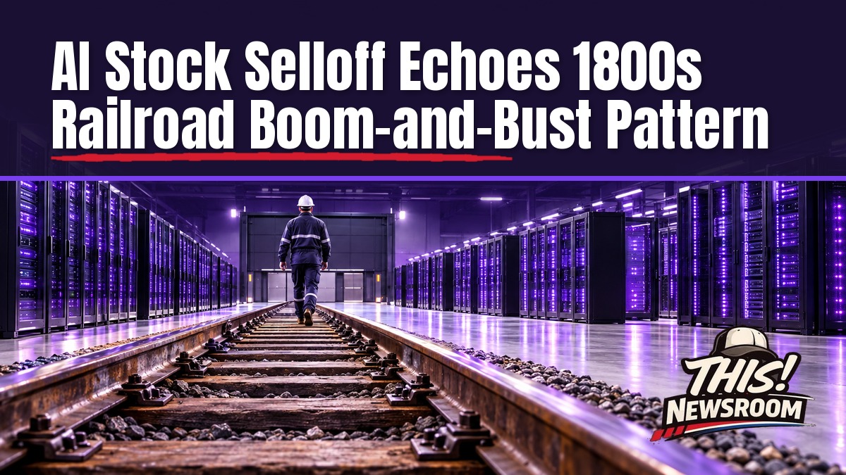 Trading floor screens showing red tech stock prices during the AI stock selloff