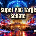 AI super PAC concept with a glowing Capitol dome and red and blue ad screens over a Senate map