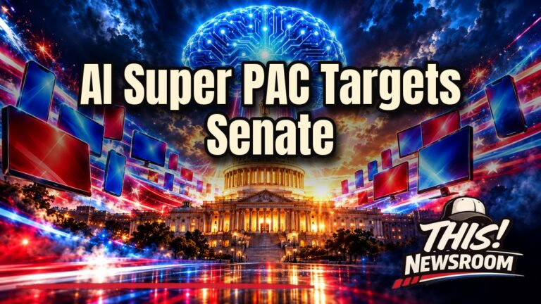 AI super PAC concept with a glowing Capitol dome and red and blue ad screens over a Senate map