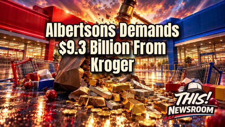 Albertsons Kroger lawsuit shown as two rival grocery store fronts facing off in a courtroom-lit glow