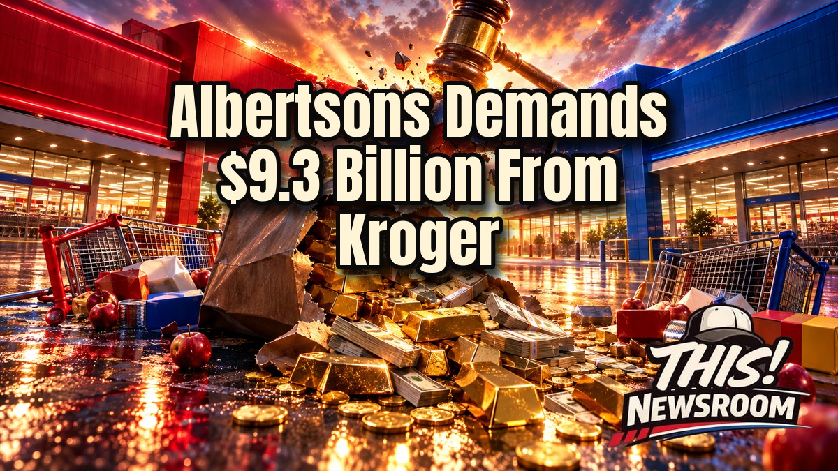 Albertsons Kroger lawsuit shown as two rival grocery store fronts facing off in a courtroom-lit glow