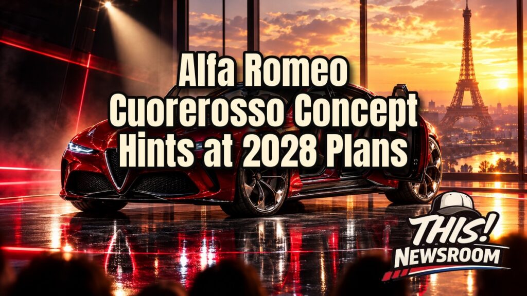 Red Alfa Romeo Cuorerosso concept coupé under spotlights, shown ahead of its Paris Motor Show debut