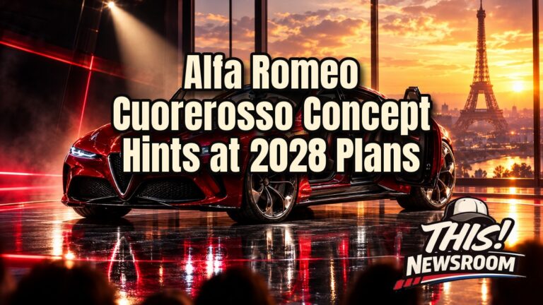Red Alfa Romeo Cuorerosso concept coupé under spotlights, shown ahead of its Paris Motor Show debut