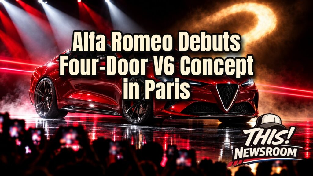 Alfa Romeo Cuorerosso concept, a red four-door V6 sports car, on a spotlit Paris Motor Show stage