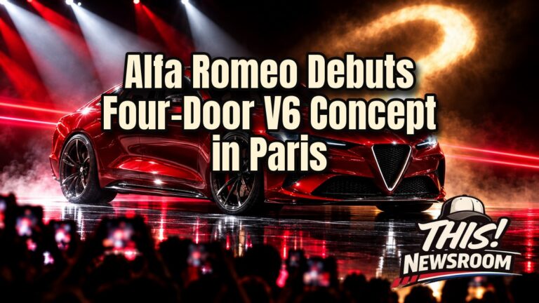 Alfa Romeo Cuorerosso concept, a red four-door V6 sports car, on a spotlit Paris Motor Show stage