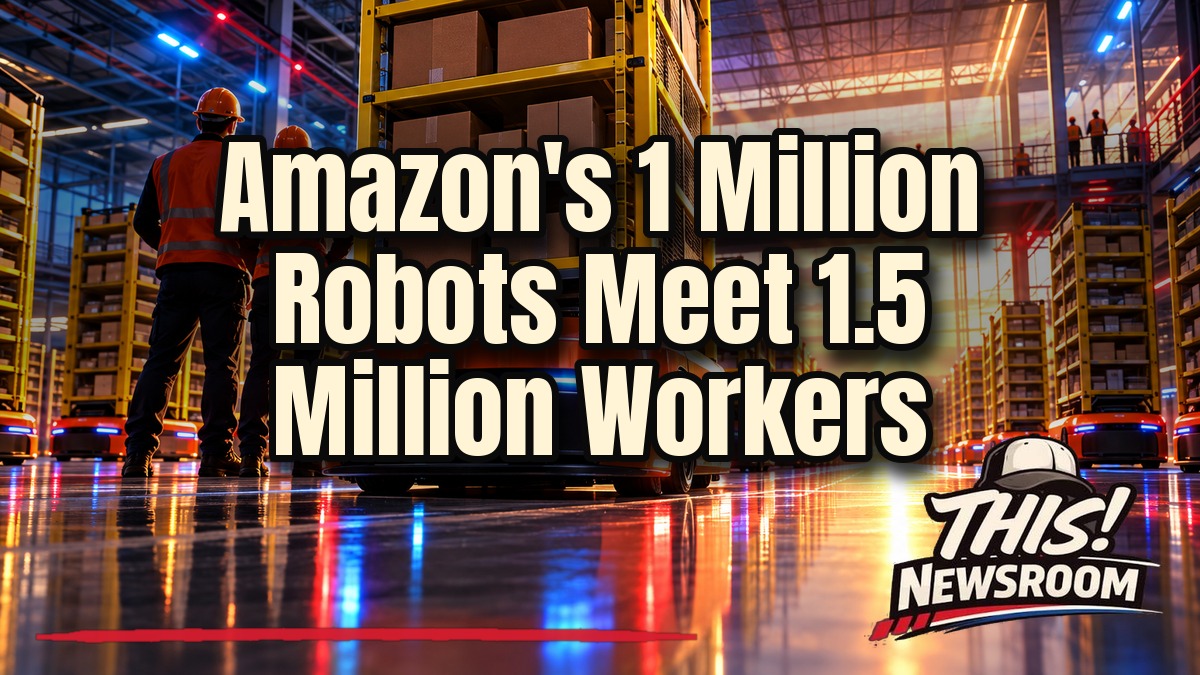 Amazon 1 million robots moving shelves inside a vast glowing warehouse as human workers watch from the aisles