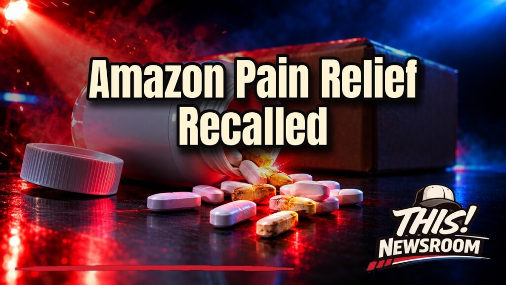 Amazon acetaminophen recall shown as a bottle of pain-relief caplets with a red recall warning