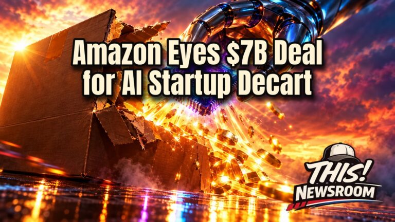 Amazon Decart deal shown as a glowing AI chip and a giant shipping box meeting over a neon city skyline at sunset