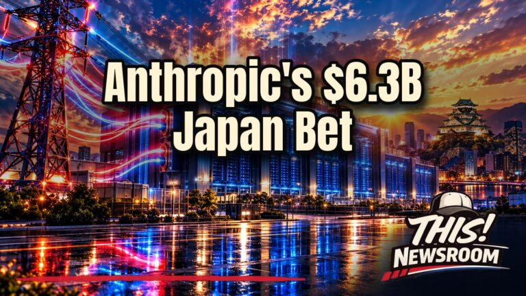 Anthropic data center concept with glowing server racks over an Osaka skyline at dusk, reflecting the reported $6.3 billion Japan project