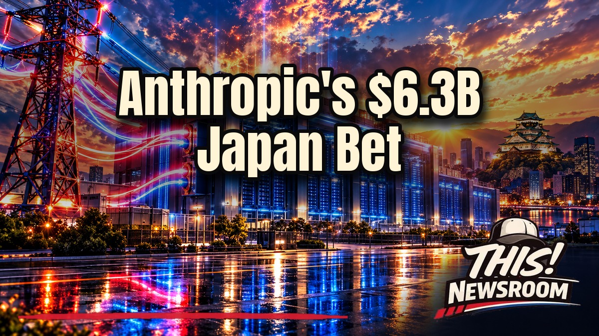 Anthropic data center concept with glowing server racks over an Osaka skyline at dusk, reflecting the reported $6.3 billion Japan project