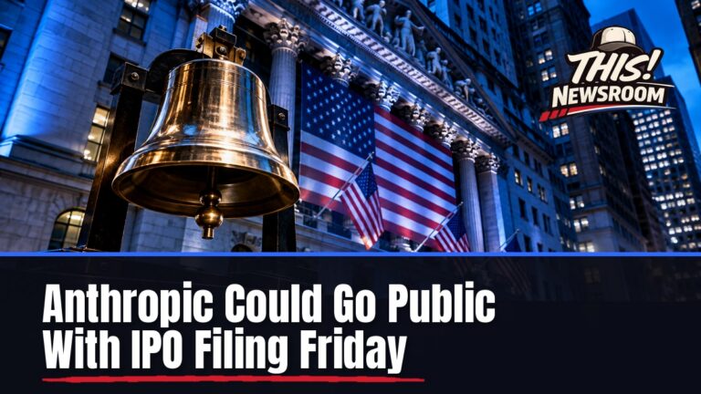 Anthropic IPO filing: a bright trading floor with a large screen and an AI company logo before the public SEC filing