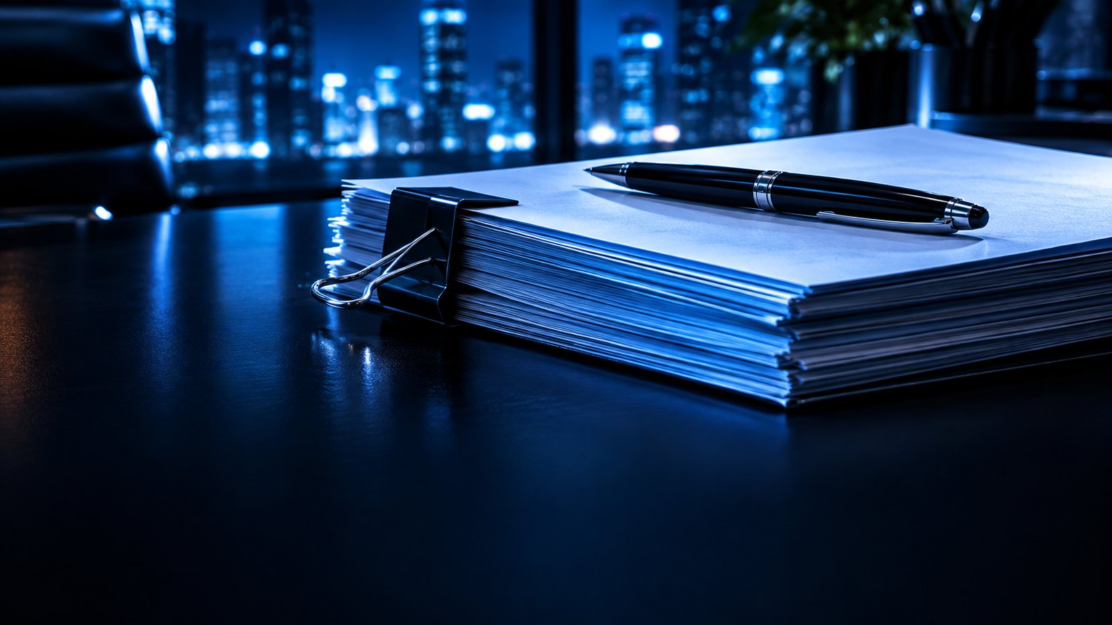 Thick stack of bound financial documents with a pen on a dark desk in cool blue light