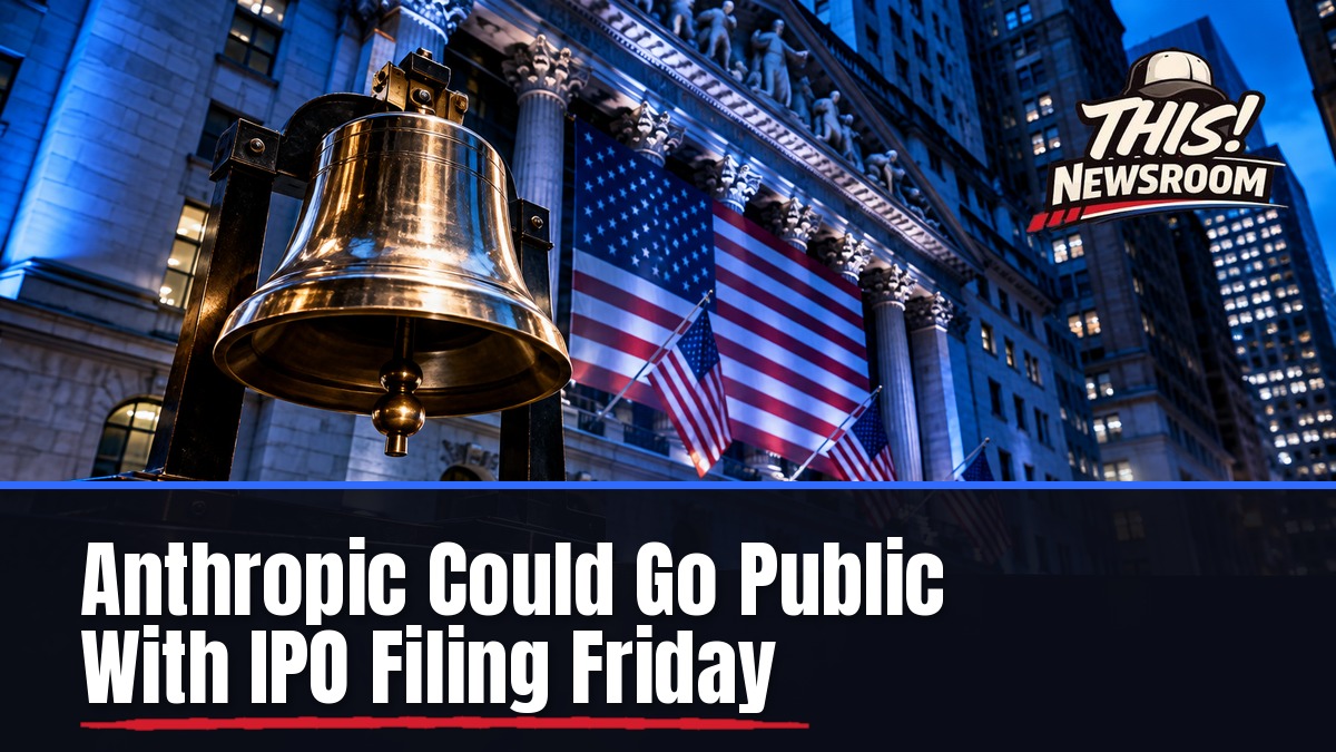 Anthropic IPO filing: a bright trading floor with a large screen and an AI company logo before the public SEC filing