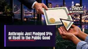 Anthropic public benefit fund: a glowing green stock certificate beside a city skyline and workers' hands
