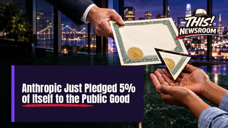Anthropic public benefit fund: a glowing green stock certificate beside a city skyline and workers' hands