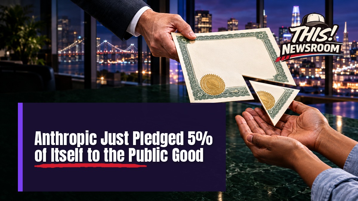 Anthropic public benefit fund: a glowing green stock certificate beside a city skyline and workers' hands