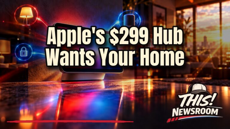 Apple HomeView smart home hub with a glowing screen mounted on a living room wall