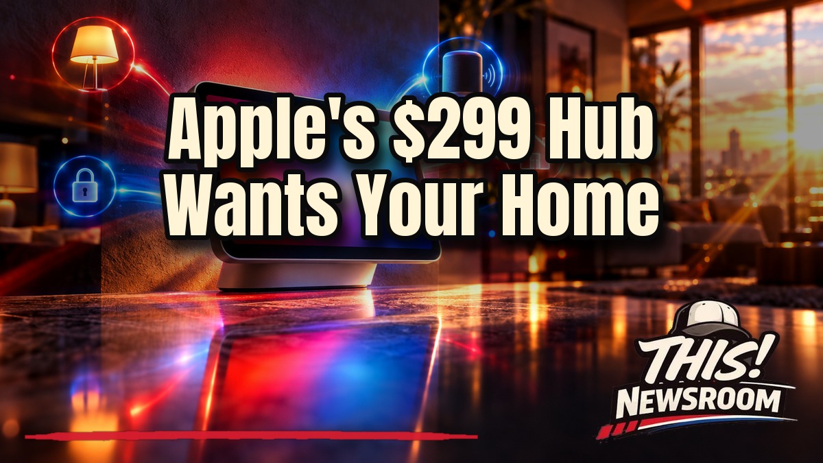 Apple HomeView smart home hub with a glowing screen mounted on a living room wall
