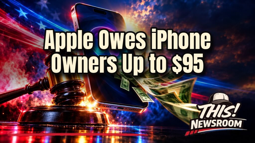 Apple Siri settlement shown with an iPhone and a payout check on a glowing red, white and blue background