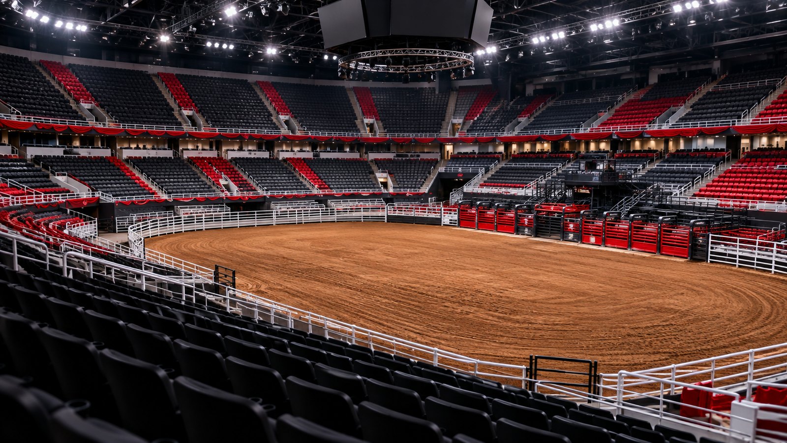 Interior of a Fort Worth rodeo arena with a dirt floor, chutes and tiered seating